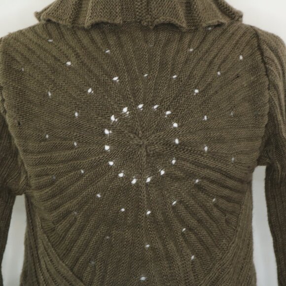 John Fashion Cardigan Sweater Open Front Draped Ruffles Knit Green Brown - Picture 5 of 11